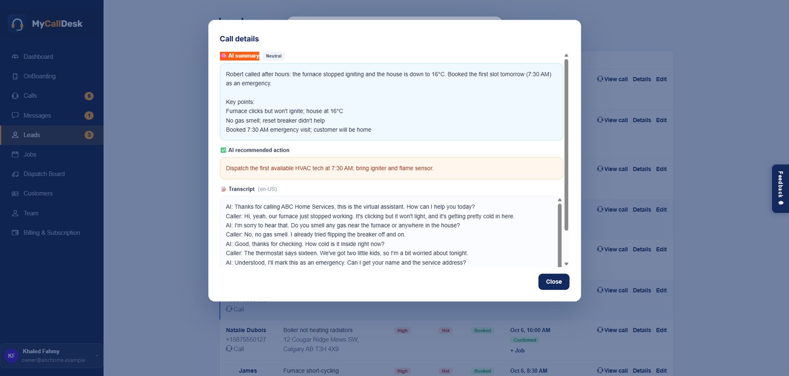 Call details window with the AI summary, key points, recommended action and transcript