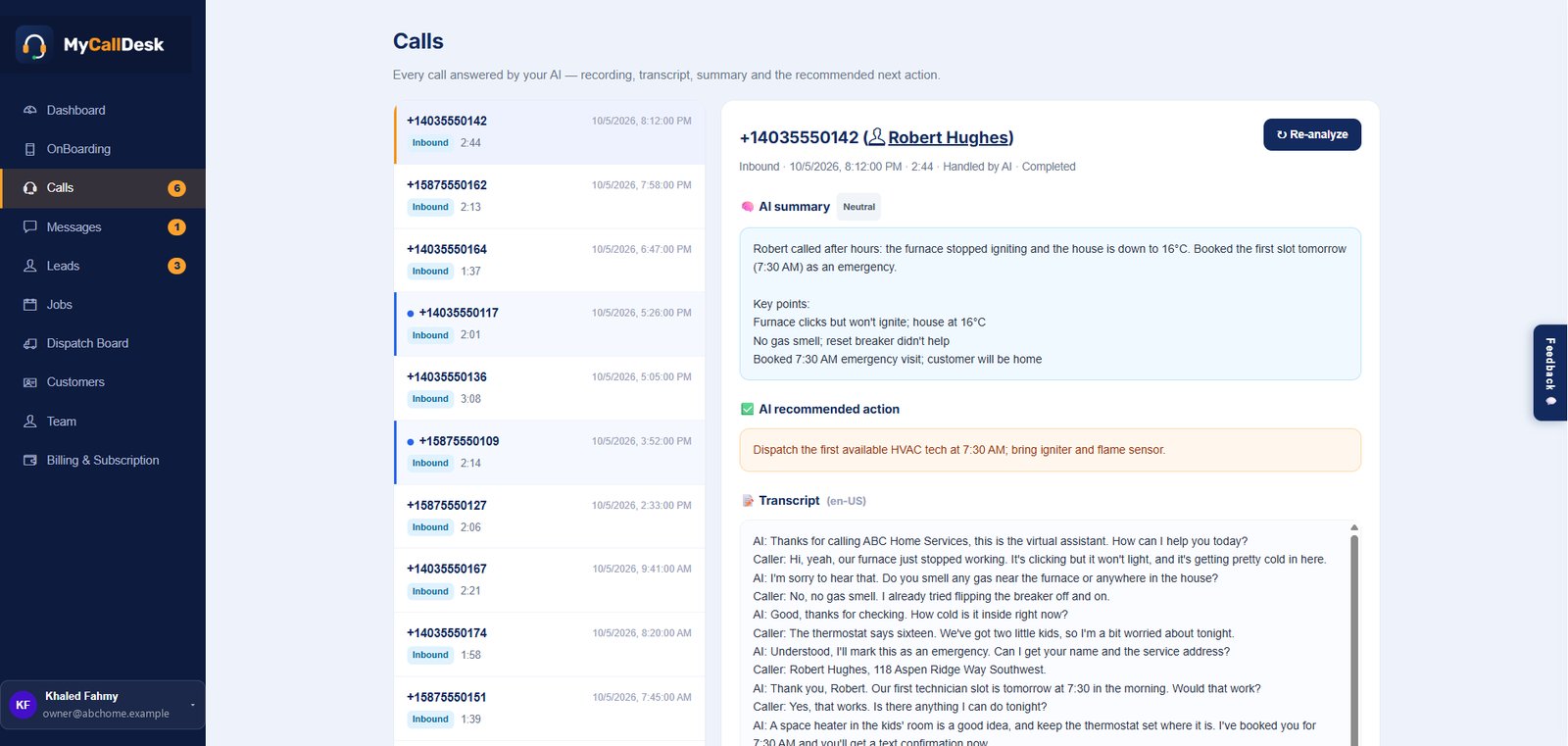 Calls page: list of calls answered by the AI, with the AI summary, recommended action and full transcript of the selected call