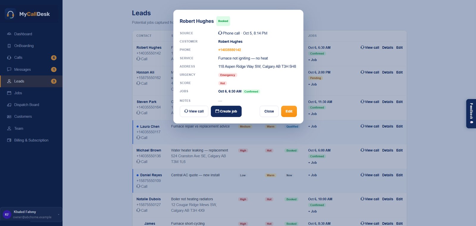 Lead details window showing source call, customer, phone, service, address, urgency, score and the booked job