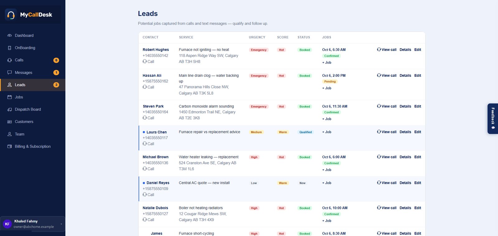 Leads page: contacts captured from calls and texts with service, urgency, score, status and booked jobs
