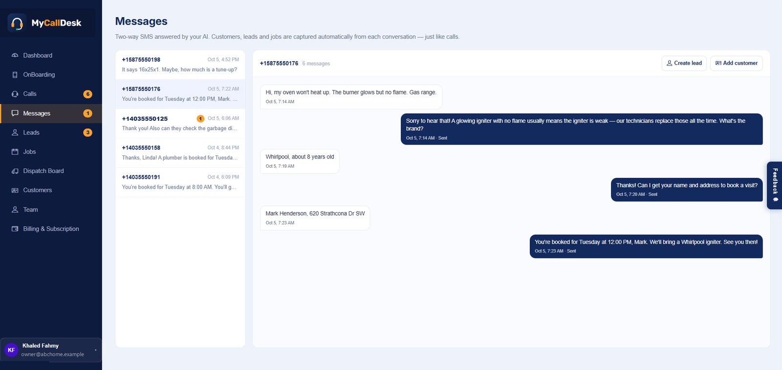 Messages page: a two-way text conversation where the AI books an oven repair