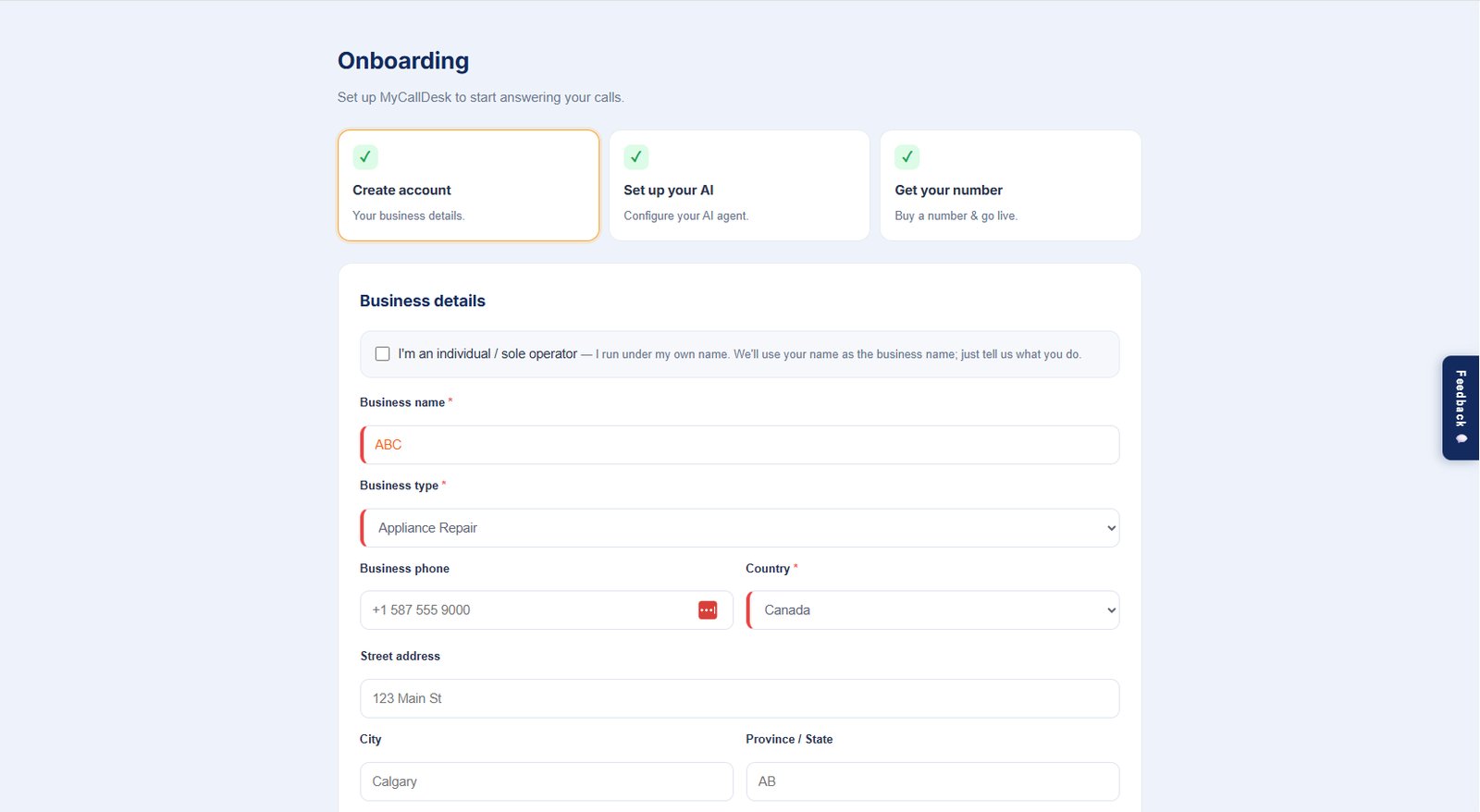 MyCallDesk onboarding: business details step with progress cards for account, AI setup and phone number