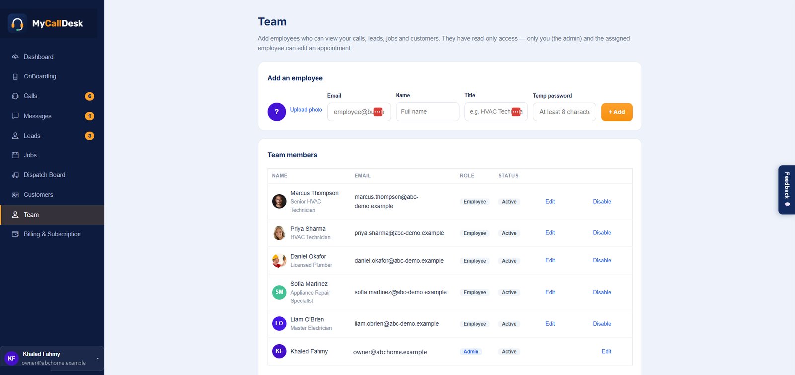 Team page: technicians with photos, titles, roles and status